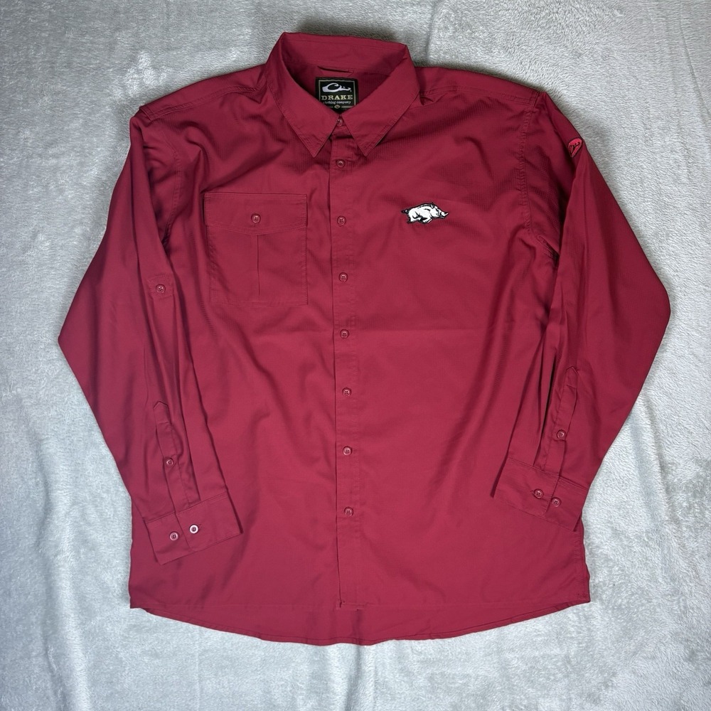 Drake Waterfowl Shirt Mens L Red‎ Fishing Cargo Vented Pocket Embroidery